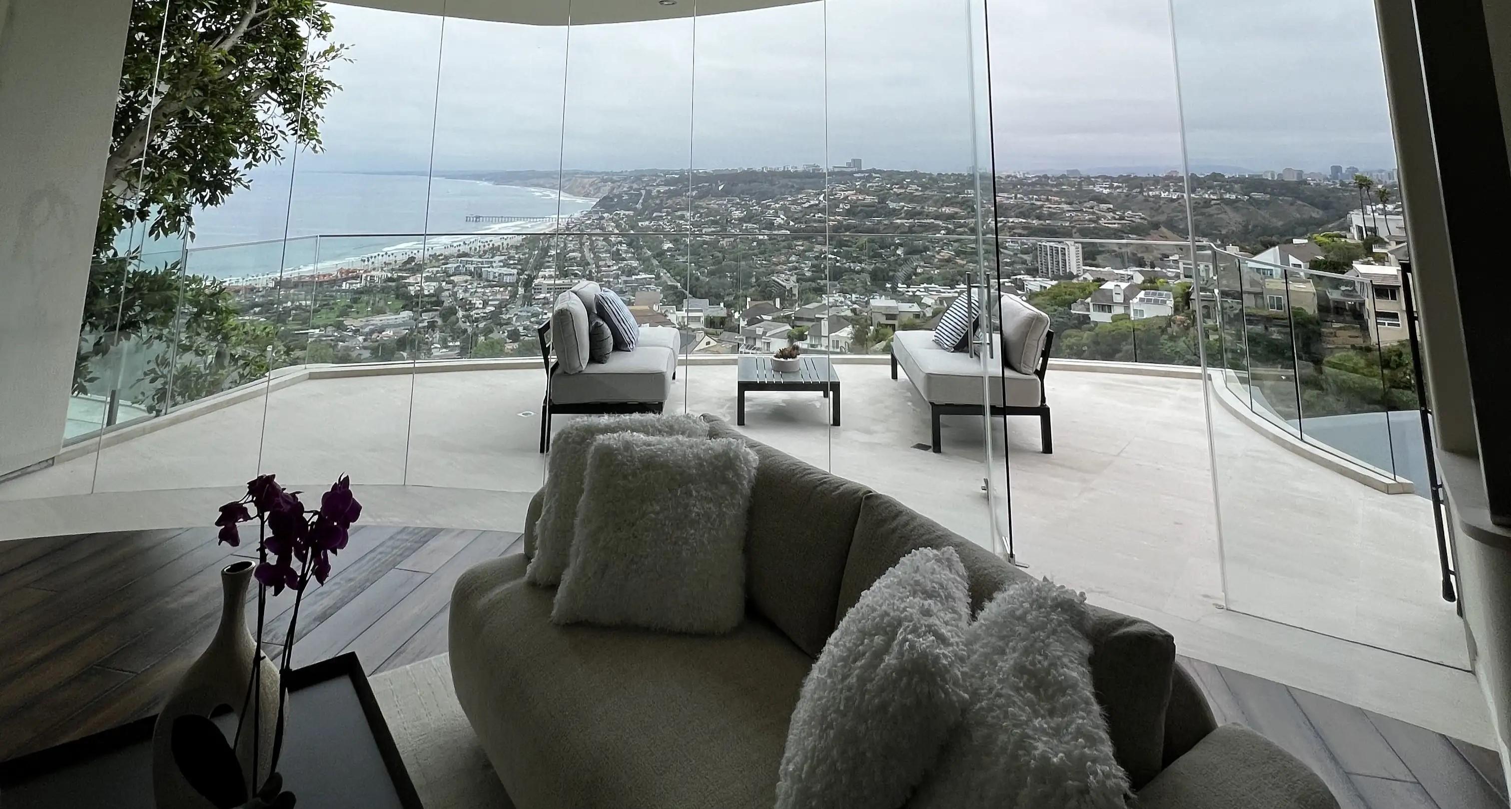 Luxury interior view through crystal clear floor-to-ceiling windows